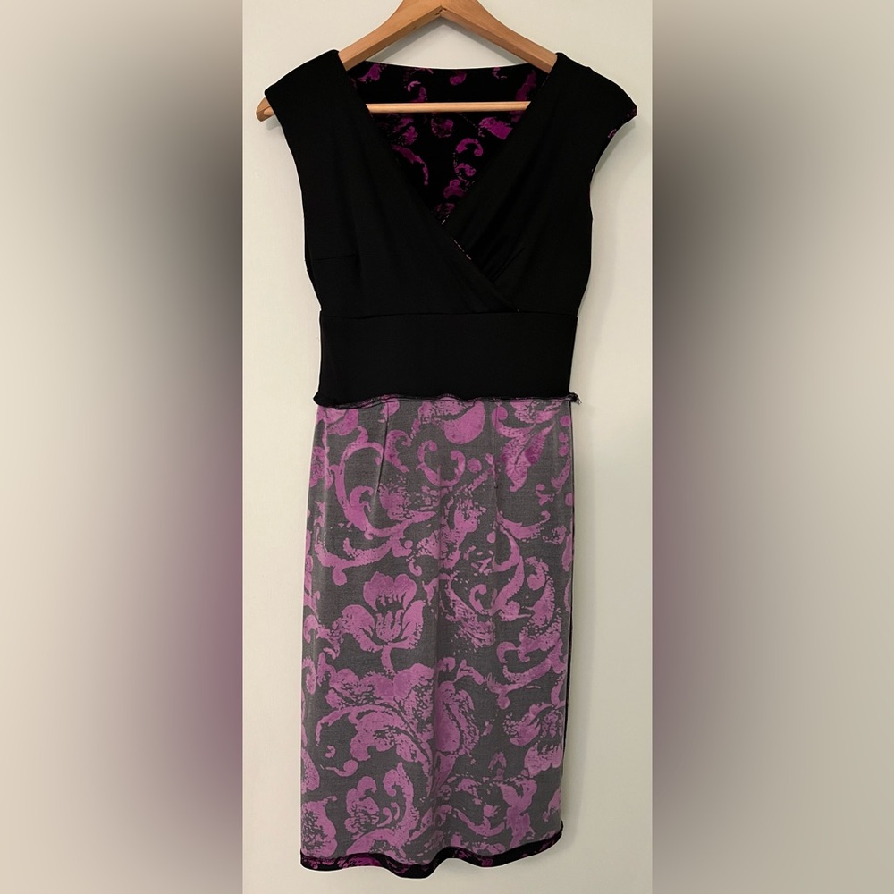 Chaps black and purple sleeveless comfortable crossover midi dress ruched waist - Picture 8 of 9